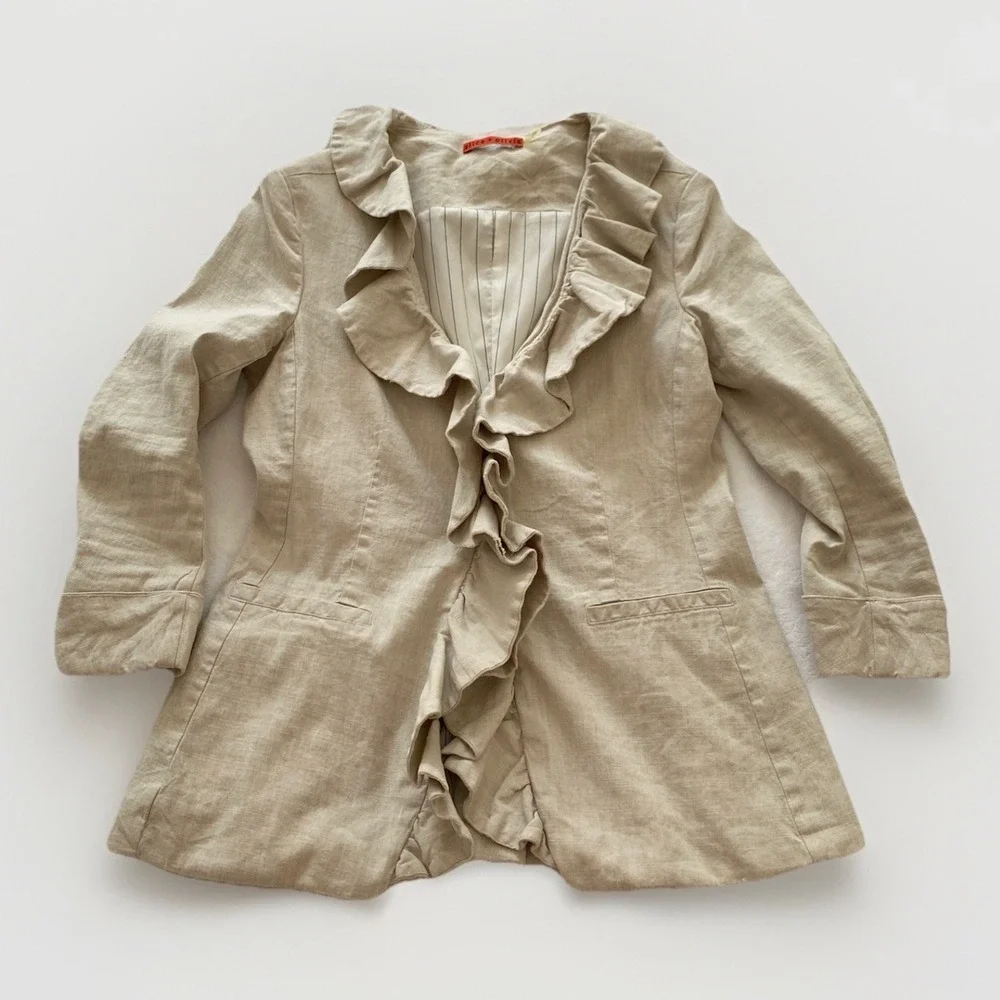 Alice + Olivia Tan Linen Flowing Ruffle Coastal Luxury Blazer  Hook & Eye Small‎